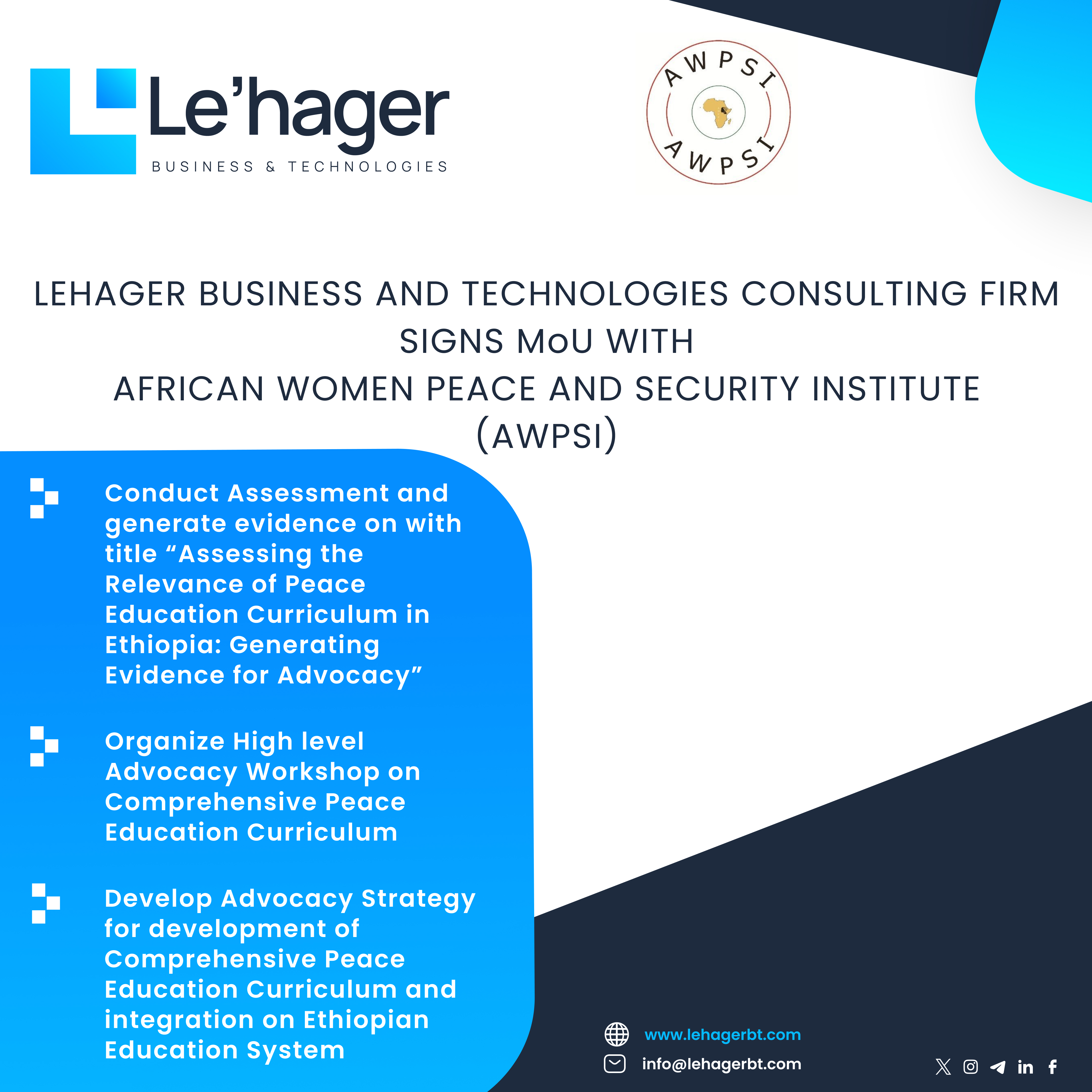 Announcement poster from Le’hager Business & Technologies about signing a Memorandum of Understanding (MoU) with the African Women Peace and Security Institute (AWPSI).